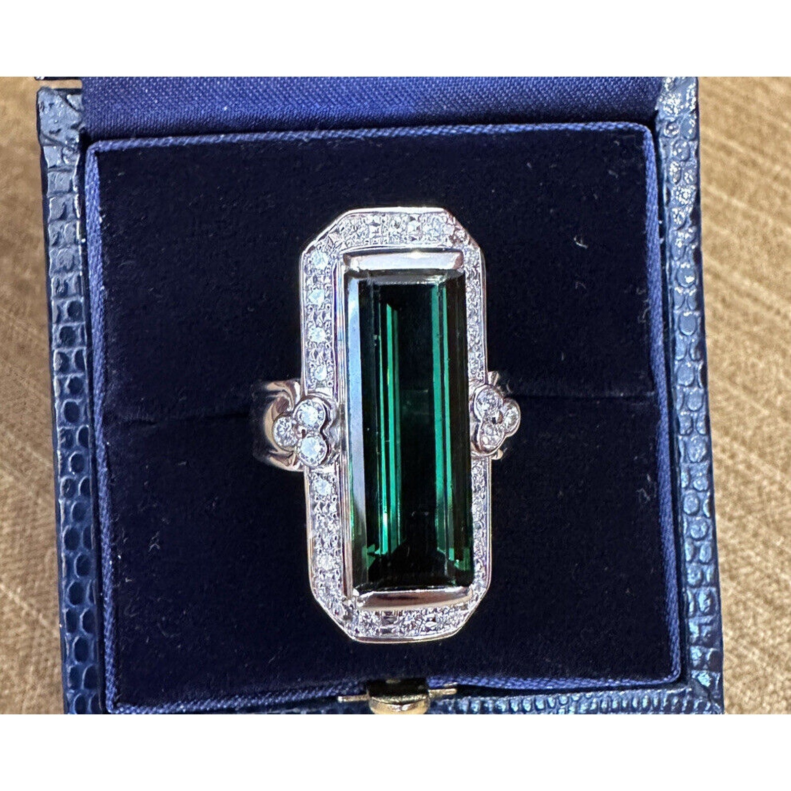 10.33 carat Elongated Green Tourmaline Ring w/ Diamonds in Platinum