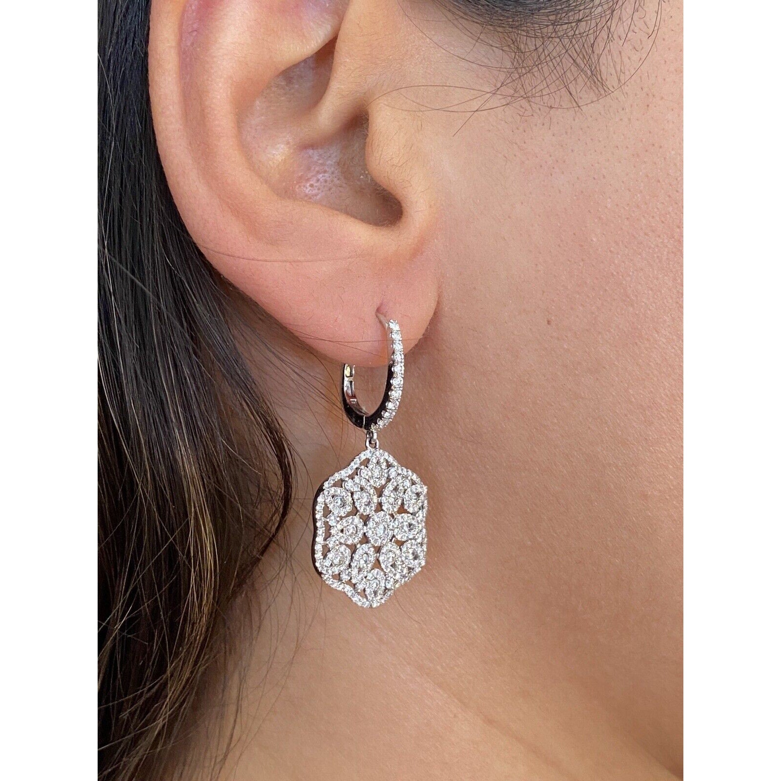 Diamond Floral Dangle/Drop Earrings 2.45 cttw in 18k White Gold