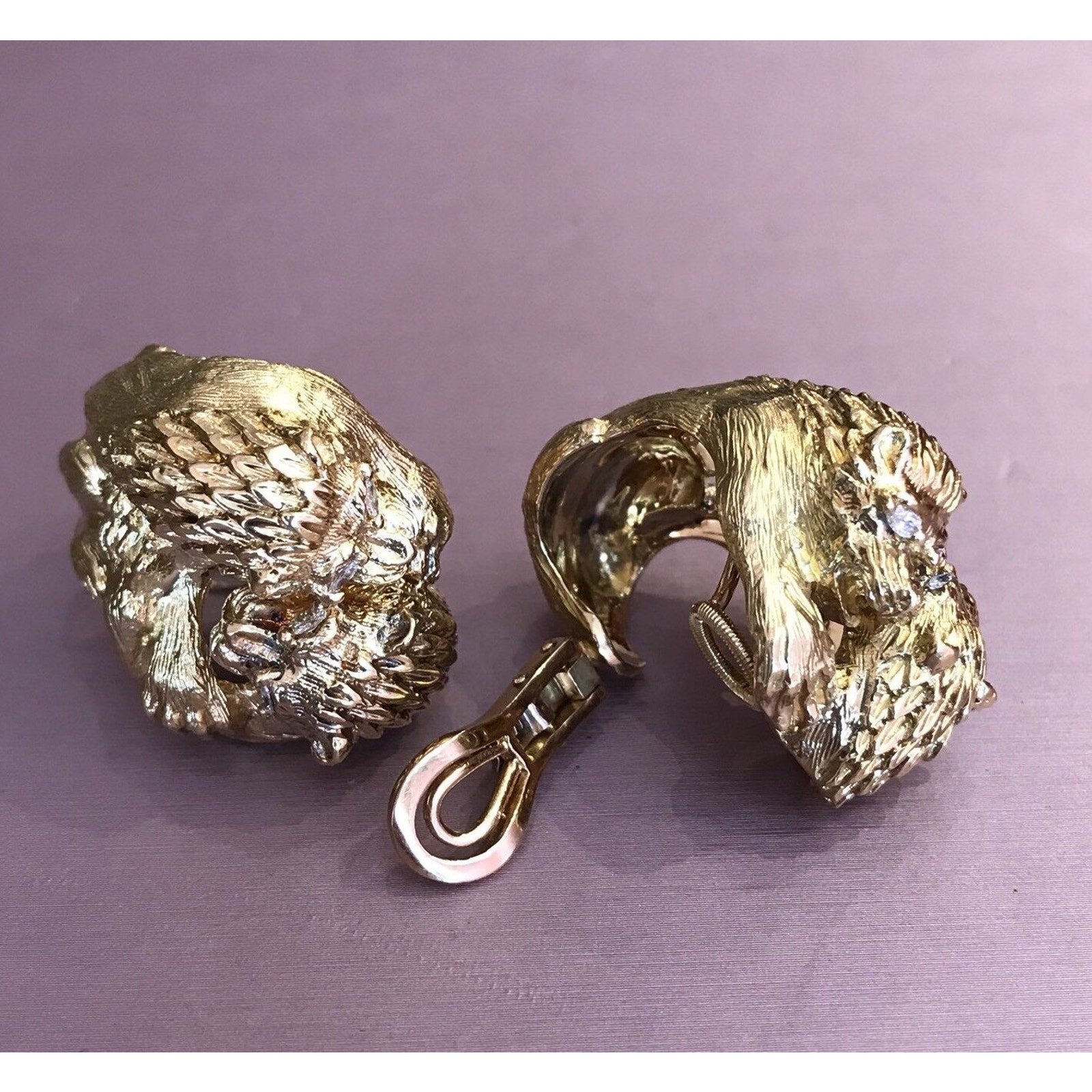 FRENCH Double Lion Earrings w/ Diamond in Textured 18k Yellow Gold