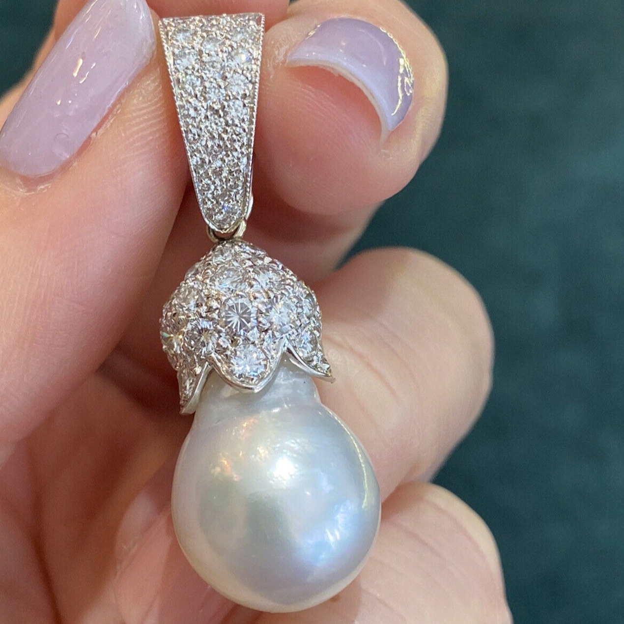 Estate Baroque Pearl and Pavè Diamond Pendent in 18k White Gold
