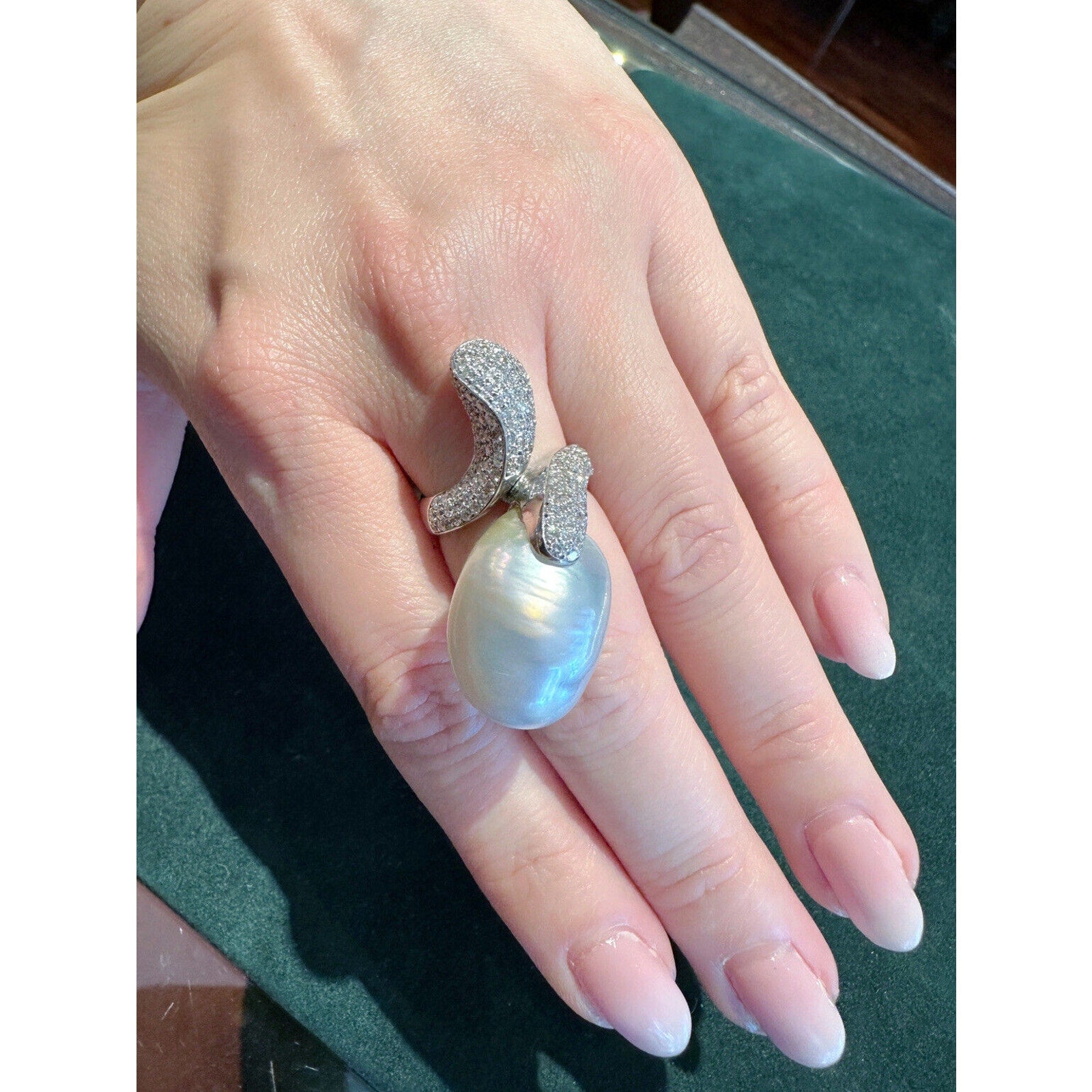 Large Baroque Pearl & Diamond Crossover Cocktail Ring in 18k White Gold