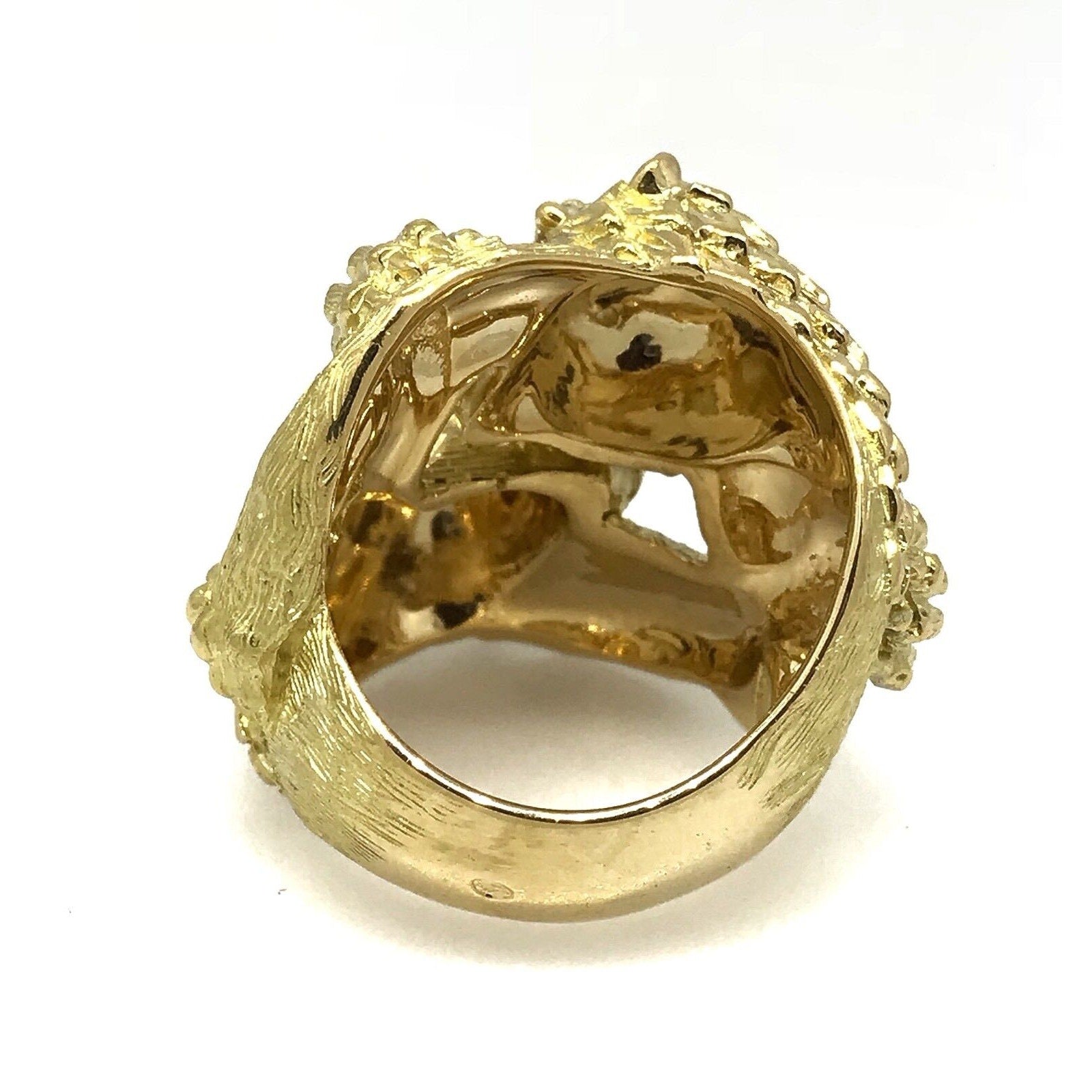 FRENCH Double Lion Heavy Textured Ring with Diamonds in 18k Yellow Gold