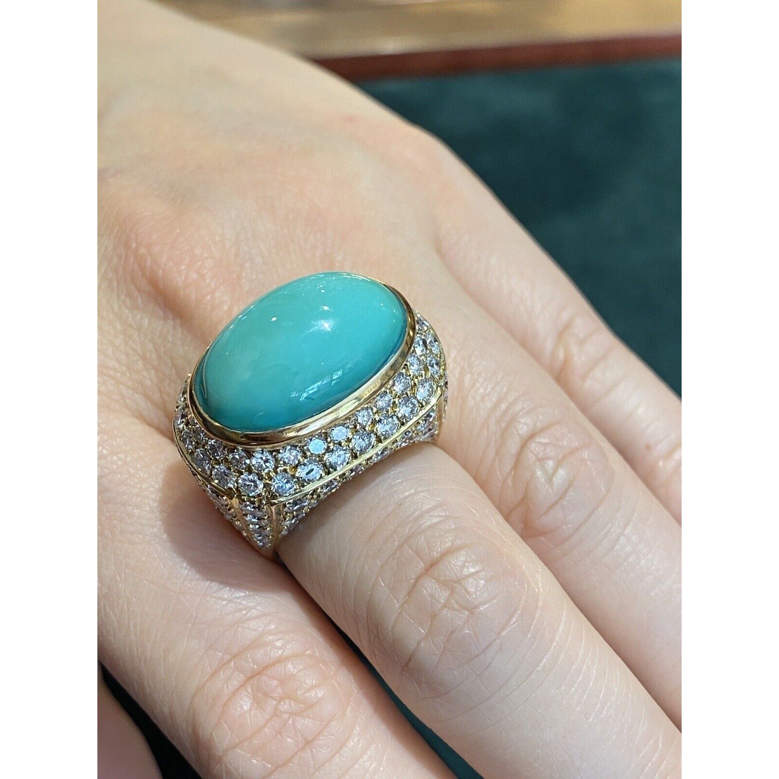 Large Estate Pave Diamond and Turquoise Dome Ring in 18k Yellow Gold - HM1799EE